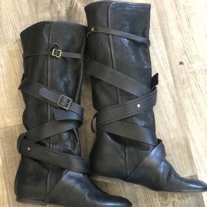 Chloe Black Leather Wrap Around Strap Knee Boots
